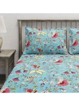 AURAVE - Blue Printed Cotton Blend King Fitted Bedsheet with 2 Pillow Covers