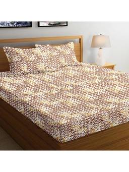AURAVE - Brown Printed Cotton 144 TC Queen Size Fitted Bedsheet with 2 Pillow Covers