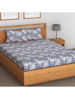 AURAVE - Navy Blue Printed Cotton 144 TC Queen Size Fitted Bedsheet with 2 Pillow Covers