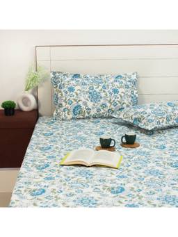 AURAVE - Blue Printed Cotton 144TC Queen Size Fitted Bedsheet with 2 Pillow Covers