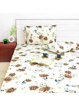 AURAVE - Brown Printed Cotton 144TC Queen Size Fitted Bedsheet with 2 Pillow Covers