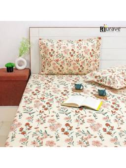 AURAVE - Peach Printed Cotton 144TC Queen Size Fitted Bedsheet with 2 Pillow Covers
