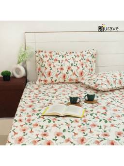 AURAVE - Peach Printed Cotton 144TC Queen Size Fitted Bedsheet with 2 Pillow Covers