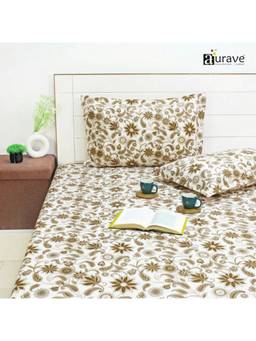 AURAVE - Brown Printed Cotton 144TC Queen Size Fitted Bedsheet with 2 Pillow Covers