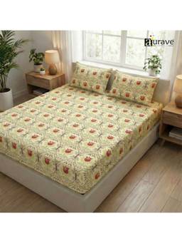 AURAVE - Multicolor Printed Cotton King Size Fitted Bedsheet with 2 Pillow Covers