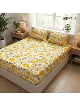 AURAVE - Yellow Printed Cotton King Size Fitted Bedsheet with 2 Pillow Covers