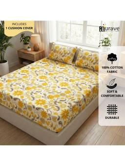 AURAVE - Yellow Printed Cotton King Size Flat Bedsheet with 2 Pillow Covers