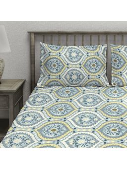 AURAVE - Grey Damask Printed Cotton Blend King Fitted Bedsheet with 2 Pillow Covers