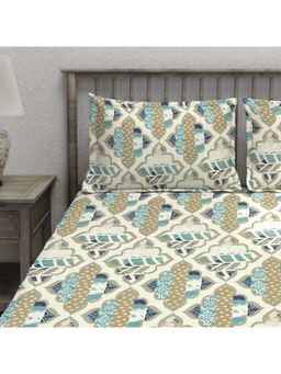 AURAVE - Khaki Printed Cotton Blend King Fitted Bedsheet with 2 Pillow Covers