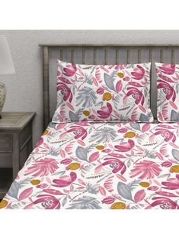 AURAVE - Pink Leaf Printed Cotton Blend King Fitted Bedsheet with 2 Pillow Covers