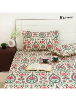 AURAVE - Aqua Printed Cotton 144TC Queen Size Fitted Bedsheet with 2 Pillow Covers