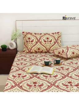 AURAVE - Maroon Printed Cotton 144TC Queen Size Fitted Bedsheet with 2 Pillow Covers
