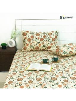 AURAVE - Orange Printed Cotton 144TC Queen Size Fitted Bedsheet with 2 Pillow Covers