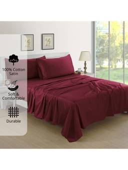 AURAVE - Burgundy Cotton Satin 400 TC Queen Size Fitted Bedsheet with 2 Pillow Covers