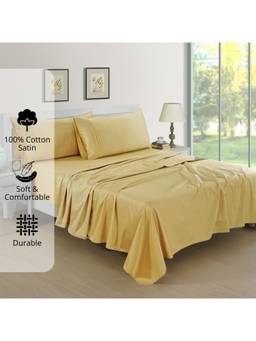 AURAVE - Gold Cotton Satin 400 TC Queen Size Fitted Bedsheet with 2 Pillow Covers