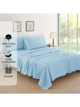 AURAVE - Sky Blue Cotton Satin 400 TC Queen Size Fitted Bedsheet with 2 Pillow Covers
