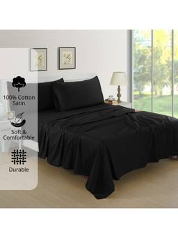 AURAVE - Black Cotton Satin 400 TC Queen Size Flat Bedsheet with 2 Pillow Covers