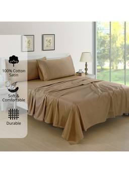 AURAVE - Camel Brown Cotton Satin 400 TC Queen Size Flat Bedsheet with 2 Pillow Covers