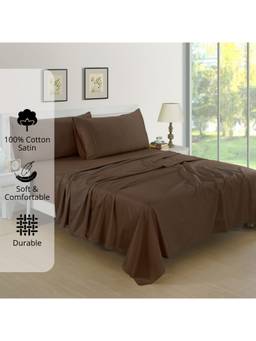 AURAVE - Coffee Brown Cotton Satin 400 TC Queen Size Flat Bedsheet with 2 Pillow Covers