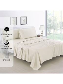 AURAVE - Cream Cotton Satin 400 TC Queen Size Flat Bedsheet with 2 Pillow Covers