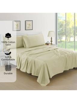 AURAVE - Khaki Cotton Satin 400 TC Queen Size Flat Bedsheet with 2 Pillow Covers