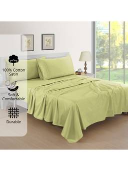 AURAVE - Light Green Cotton Satin 400 TC Queen Size Flat Bedsheet with 2 Pillow Covers