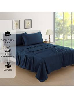 AURAVE - Navy Blue Cotton Satin 400 TC Queen Size Flat Bedsheet with 2 Pillow Covers