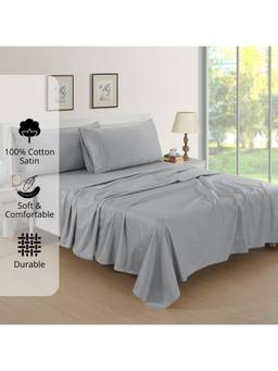 AURAVE - Silver Cotton Satin 400 TC Queen Size Flat Bedsheet with 2 Pillow Covers