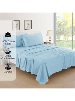 AURAVE - Sky Blue Cotton Satin 400 TC Queen Size Flat Bedsheet with 2 Pillow Covers