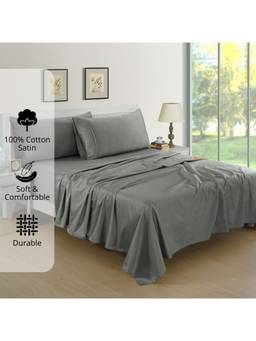 AURAVE - Steel Grey Cotton Satin 400 TC Queen Size Flat Bedsheet with 2 Pillow Covers