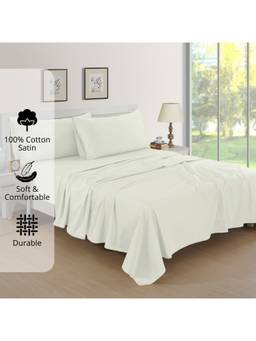 AURAVE - White Cotton Satin 400 TC Queen Size Flat Bedsheet with 2 Pillow Covers