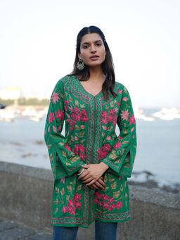 HOUSE OF KARI - Green Cotton Kashmiri Aari Embroidered Tunic