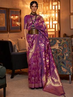 Akhilam - Womens Silk Blend Purple Woven Design Handloom Saree with Unstitched Blouse