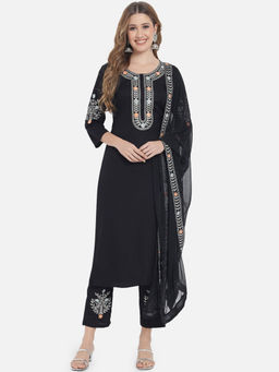 Meeranshi - Women Black Ethnic Motifs Embroidered Kurta With Trousers & Dupatta (Set of 3)