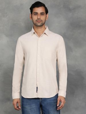Greenfibre Beige Cotton Solid Full Sleeve Casual Shirt
