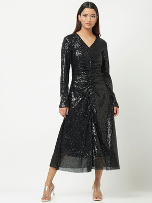 Attic Salt Black Sequins Pretty Please Midi Dress styled with Rare Rabbit Auxfo Primary Orange Solid Shirt
