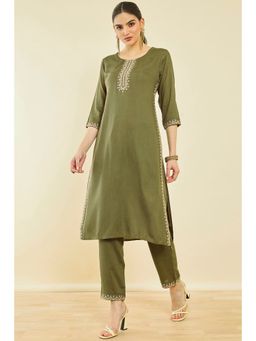 Soch - Olive Rayon Slub Embroidered Kurta With Thread Work (Set of 2)
