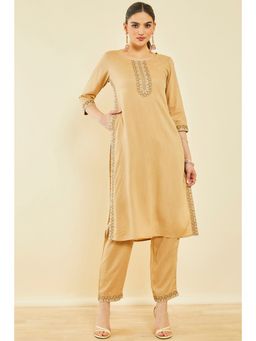 Soch - Beige Rayon Slub Embroidered Kurta With Thread Work (Set of 2)