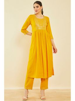 Soch - Mustard Rayon Slub Embroidered Kurta With Sequins (Set of 2)