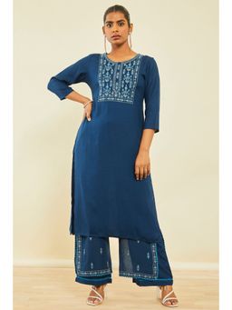 Soch - Navy Blue Rayon Slub Embroidered Kurta With Thread Work (Set of 2)