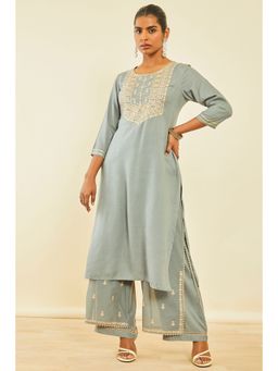 Soch - Grey Rayon Slub Embroidered Kurta With Thread Work (Set of 2)