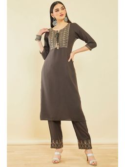 Soch - Charcoal Rayon Embroidered Kurta With Zari (Set of 2)