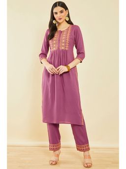 Soch - Onion Pink Rayon Embroidered Kurta With Thread Work (Set of 2)