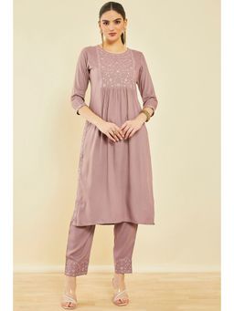 Soch - Earth Rayon Embroidered Kurta With Thread Work (Set of 2)