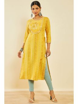 Soch - Yellow Rayon Bandhani Print Kurta With Thread Work