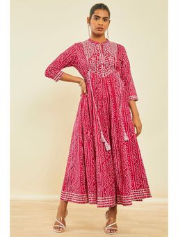 Soch - Fuchsia Cotton Bandhani Print Dress Kurta With Mirror Work