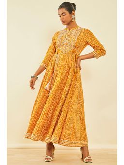 Soch - Mustard Cotton Bandhani Print Dress Kurta With Mirror Work