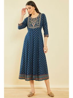 Soch - Blue Rayon Botanical Print Dress Kurta With Thread Work