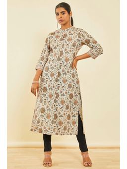Soch - Beige Rayon Botanical Print Kurta