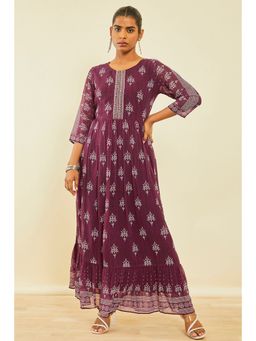 Soch - Magenta Georgette Botanical Print Dress With Cut Dana